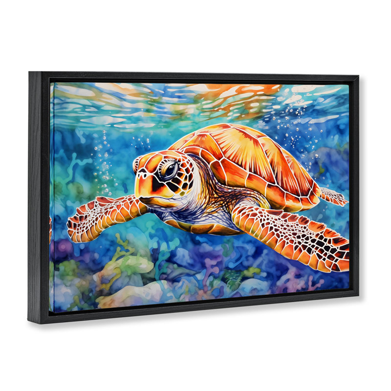 Tortue de mer brune avec cadre flottant sous la surface, design par LSR Design Studio, Cadre flottant noir de jais