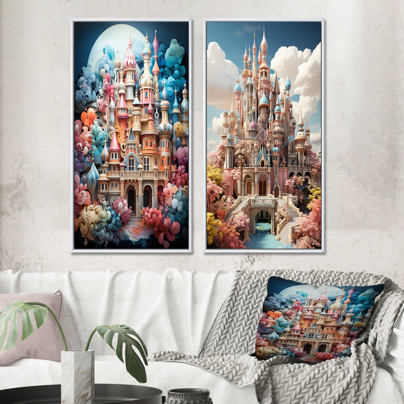 «Castles Whimsical Wonder Pastel I», 2 pièces, Cadre blanc, H 40 po x l 40 po