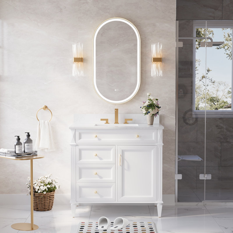 Lainy  Wall Mounted Bathroom Framed LED Mirror With Memory Function, 36" x 20", Brushed Gold