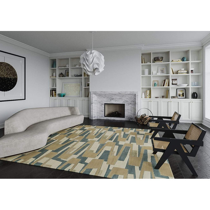 Zigzaggery Wool Geometric Area Rug in Beige/Blue, Rectangle 8' x 10'
