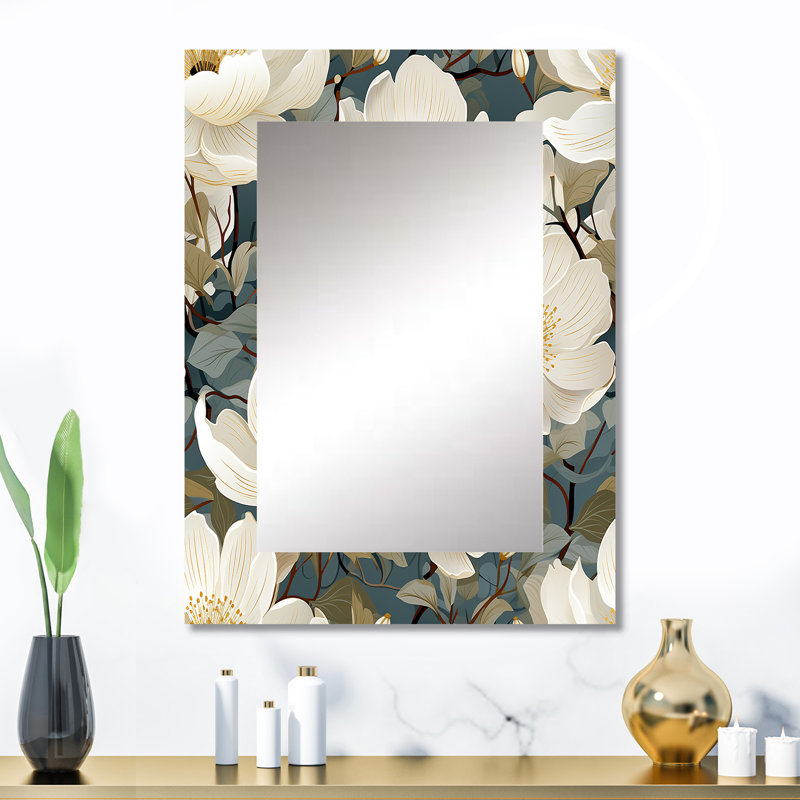Fleurs blanches et vertes Delanne - miroir décoratif floral, miroir mural floral, impression d'art en métal, 32 po x 24 po