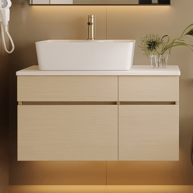 Meuble-lavabo flottant 31,5 pouces avec lavabo vasque en céramique, plateau en bois multi-couches, armoire à charnière silencieuse pour l'organisation des tiroirs de rangement