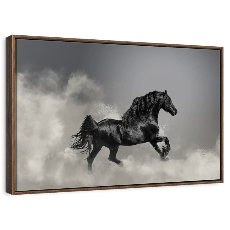 Galloping Black Friesian Horse, 46" X 31", Floating Frame Walnut