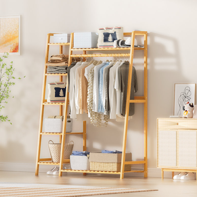 7-Tier Bamboo Trapezoid Coat Rack Open Closet Wardrobe Clothing Organizer Garment Rack with Hanging Rod