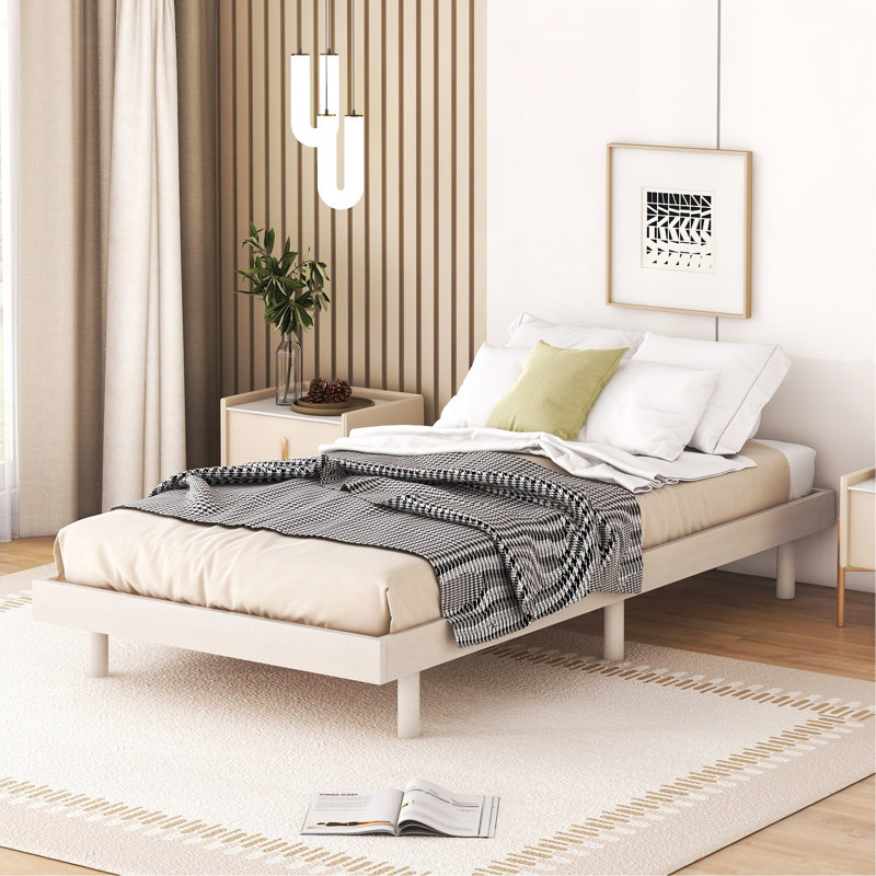 Cadre de lit plateforme flottant de conception moderne pour lit blanc délavé, Lit simple, White Washed