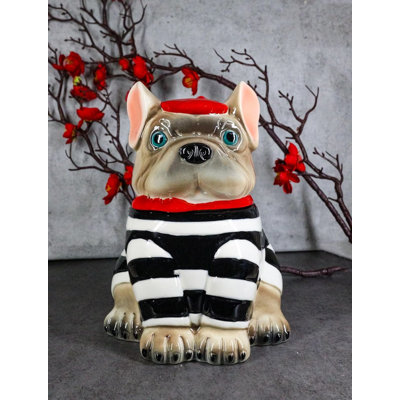 Bouledogue français en céramique avec béret rouge et bocal à biscuits