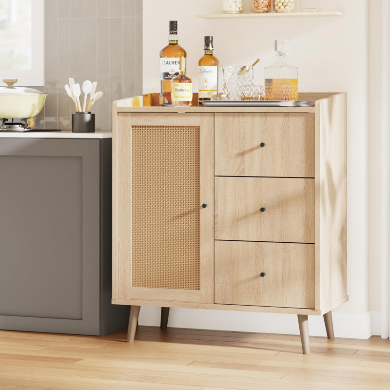  Armoire en rotin à 3 tiroirs avec pieds en bois massif - Buffet de rangement tissé pour entrée, cuisine, salon et salle à manger, naturel