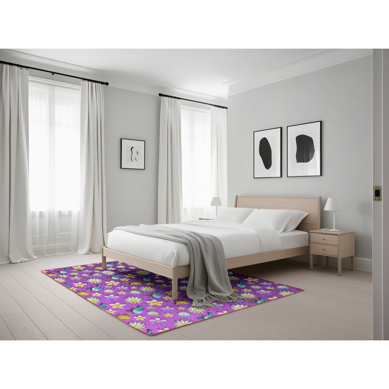 Tapis mauve à motif floral, Rectangle 5 pi x 7 pi