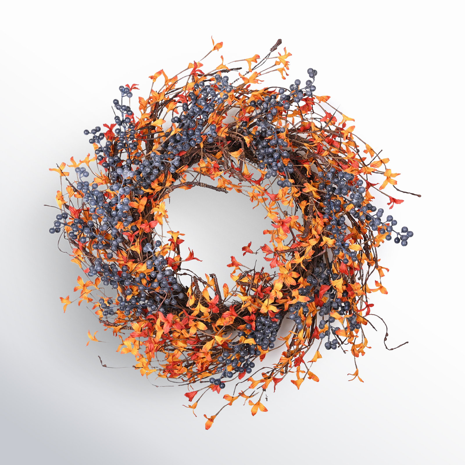 24" Fall Autumn Twig Berry Front Door Wreath, Orange/Dark Blue