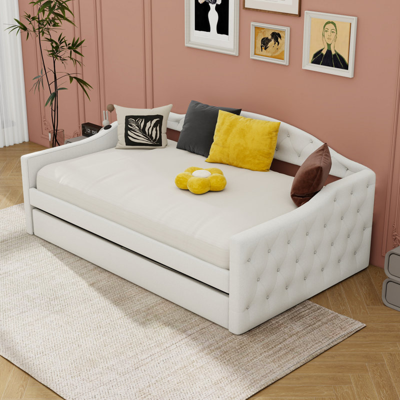 Twin Upholstered Daybed with Trundle and USB Charging Ports, Beige