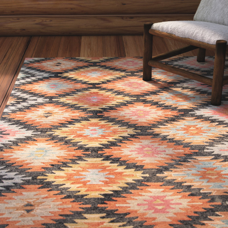 Tapis noir / orange en laine touffeté à la main Pigg Southwestern, Rectangle 5 pi x 8 pi