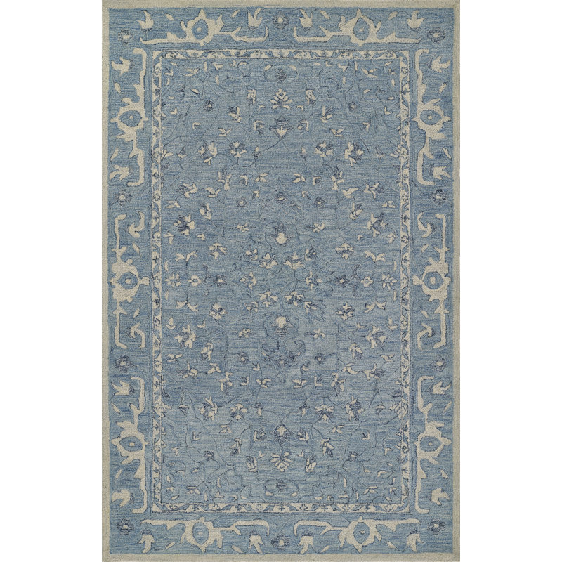 Tapis bleu en laine touffeté à la main à motif floral Cosenza Lenville, Rectangle 2 pi x 3 pi