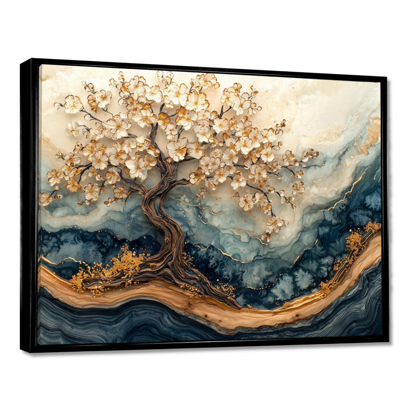 Fleur de cerisier doré, jardin d'hiver, beauté VI - art mural cerisier en fleurs, H 24 po x l 32 po, Cadre flottant