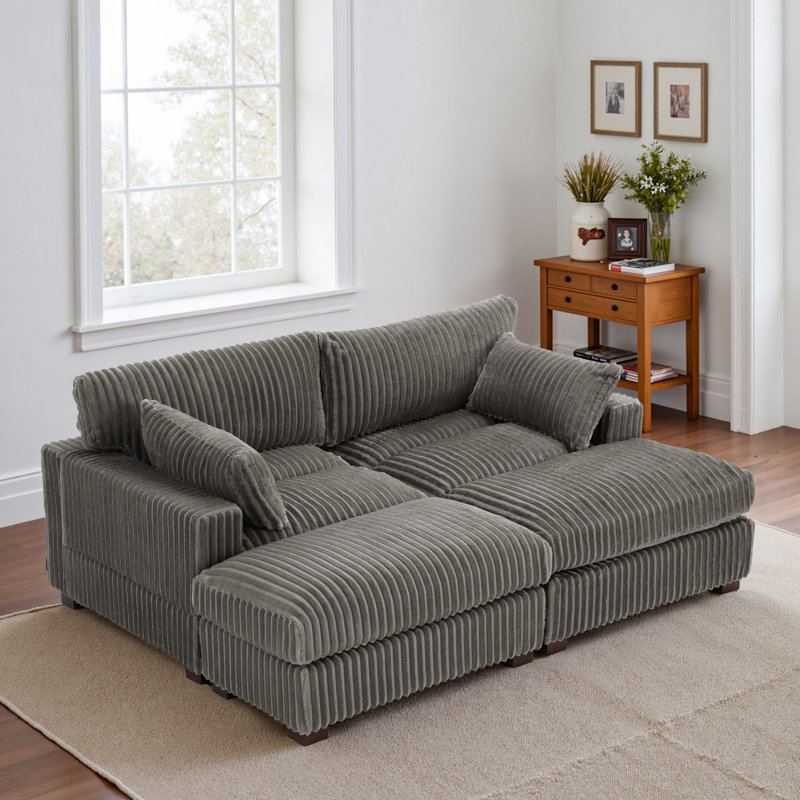 4 - Piece Upholstered Light Gray Faux Rabbit Fur Flannel Reversible Modular Sofa Living Room Sectional Couch with Ottoman
