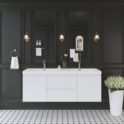 Meuble-lavabo mural de 60 po avec lavabo, meuble-lavabo mural moderne avec lavabo à surface solide et deux tiroirs à fermeture en douceur, blanc brillant