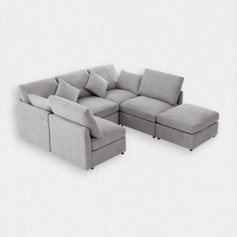 6 - Piece Upholstered Sectional, Light Gray Chenille