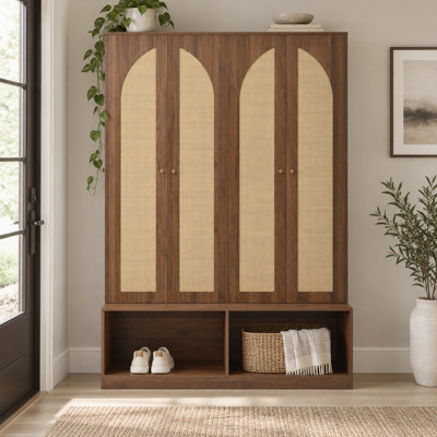 Arbre d'entrée 4-en-1 Farmhouse Mid-Century - 4 portes en rotin, 6 crochets, banc d'armoire à chaussures réglable pour entrée, l 55,1 po