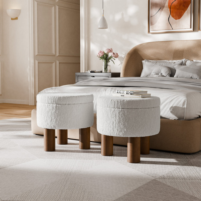 Joddie 18.9" Round Boucle Upholstered Storage Ottoman, White