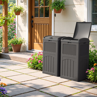 35 Gallon Outdoor Plastic Manual Lift Trash Hideaway Container Set Of 2