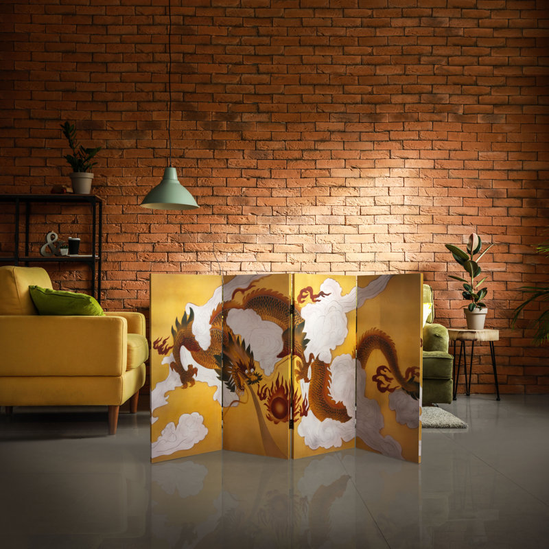 Keir 3 ft. Tall Folding Art Screen, Gold Dragon
