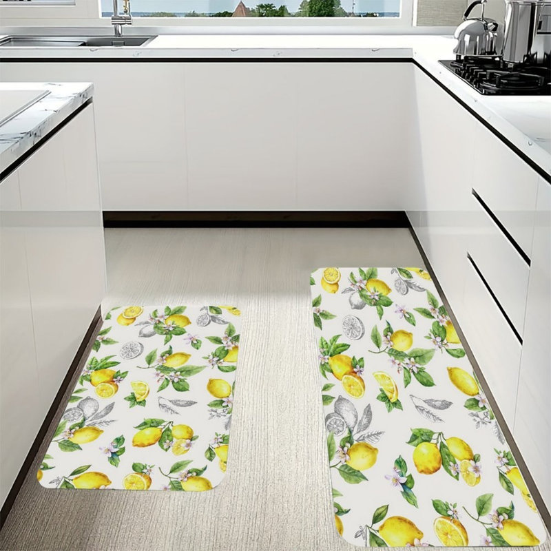 Ensemble de 2 tapis de cuisine blancs à motif aquarelle et croquis citron