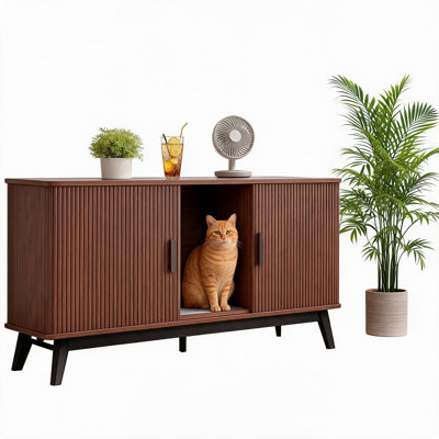 Cat Litter Box Furniture for 2 Cats, 59" Hidden Litter Box Furniture | with Sliding Door and Cat Litter Mat, Cat Litter Box Enclosure Furniture, Wooden TV Stand Side Table