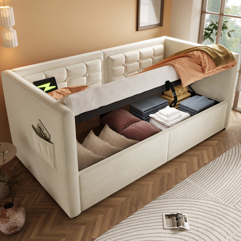 Beige Velvet Upholstered Twin Daybed With Hydraulic Storage Bed Frame, Type - C Charging, Wooden Slats, And Back, A Stylish Solution Storage, Ensuring Comfort Practicality Without Mattress
