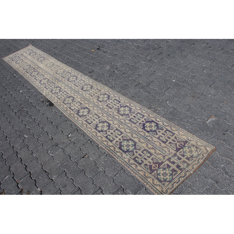 Tapis de couloir Oushak fait à la main en laine patchwork mauve antique pour escalier