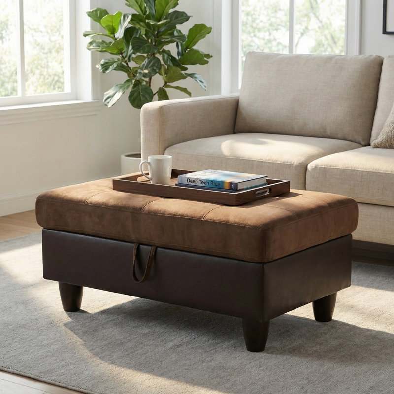 Brown Storage Ottoman | Flannel & Faux Leather | X-Stitching | Solid Wood