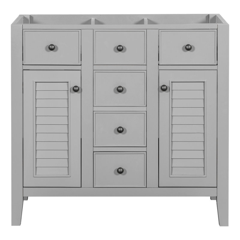 Meuble-lavabo 36 po sans lavabo, base d'armoire seulement, deux armoires et cinq tiroirs, structure en bois massif, gris
