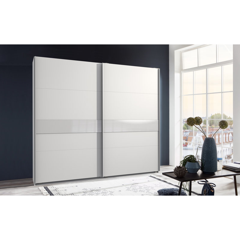 Bakersfield 2 Door Manufactured Wood Wardrobe, 210cm H x 225cm W x 65cm D, White/Glass White, Standard