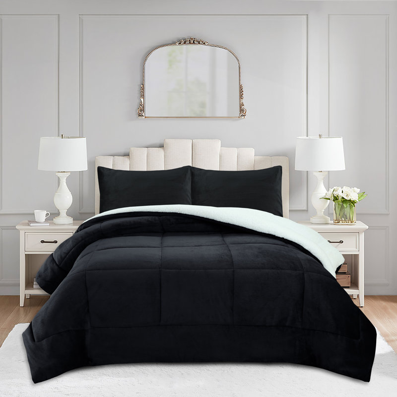Ensemble d'édredon 3 pièces Micromink Sherpa - Édredon moelleux moelleux avec 2 taies d'oreiller, Noir, noir, noir, noir