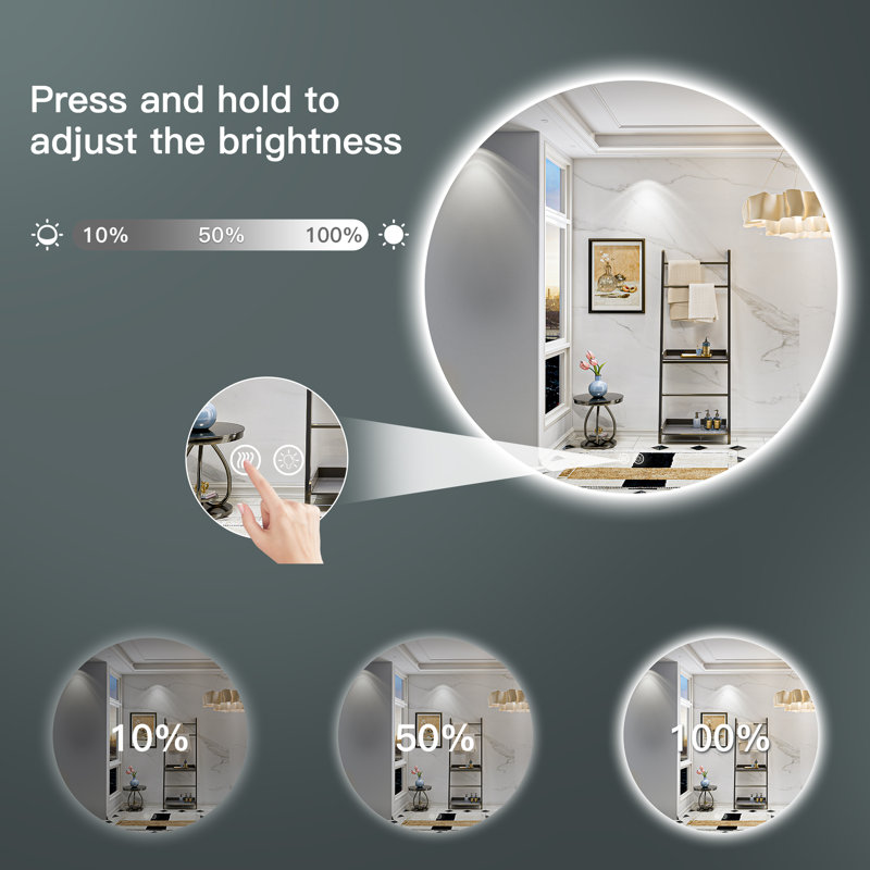 Bathroom Round LED Mirror with Backlit, Anti Fog Lighted Vanity Mirror with Stepless Dimmable, ETL Listed, IP54 Waterproof, CRI90+, HD Tempered Glass