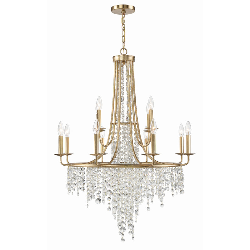 Lustre en forme de roue de chariot à 12 lumières avec accents en cristal, Or