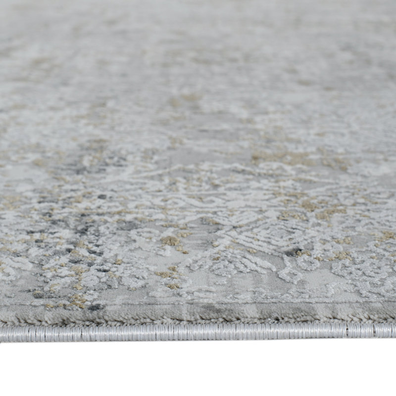 Tapis gris médaillon ivoire et brun 10 pi x 14 pi avec frange