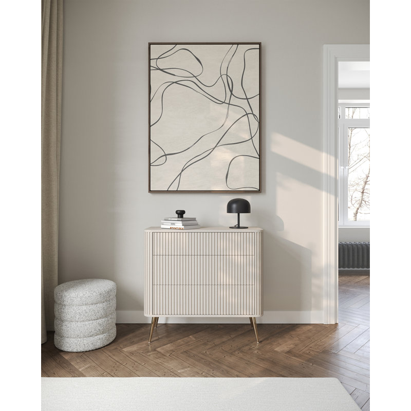 Chest of Drawers with Fluted Fronts and Three Drawers, Beige/Gold
