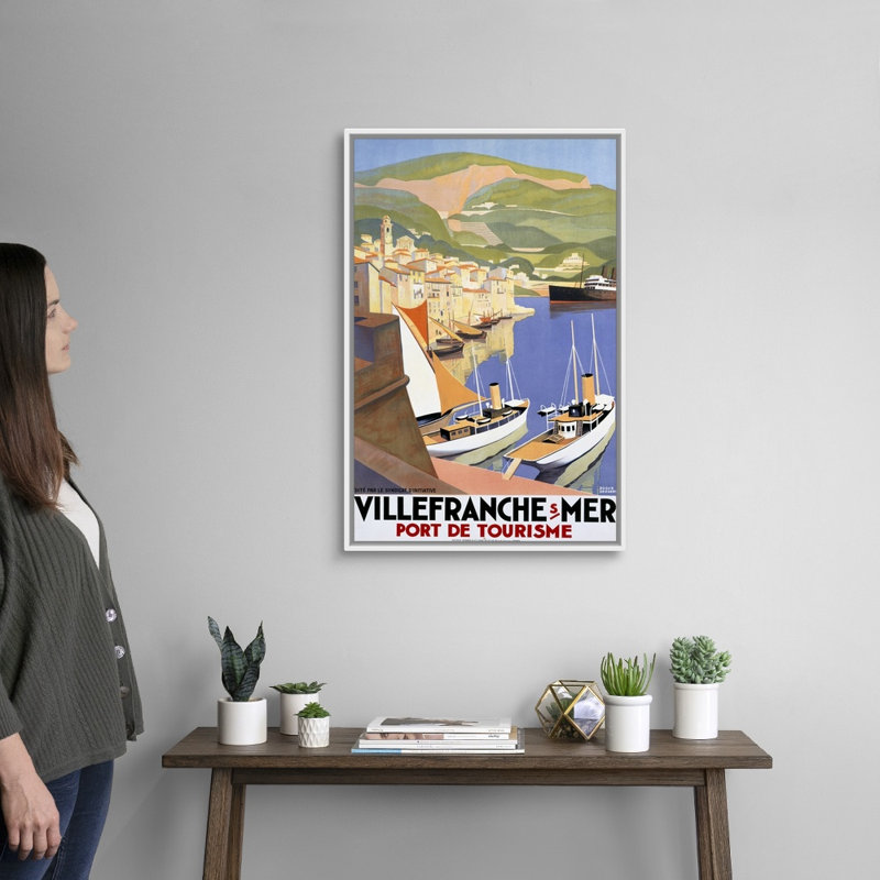 «Villefranche sur Mer», affiche rétro par Roger Broders, reproduction d'art sur toile encadrée par Roger Broders, Cadre blanc