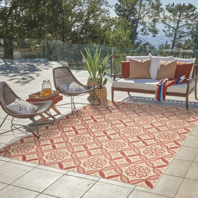 Paseo Gurseerit All-Weather Flatweave Indoor/Outdoor Area Rug, Red Beige Medallion Checkered – Patio, Deck, Porch & Living Room - Red, 8x10