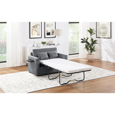 Gray Sleeper Twin Size With Foldable Side Table, Charging, Storage And Lumbar Comfort Feeling In Corduroy For Small Habitations Mattress, Ports, Pocket Matching Cushioning Guest Suites