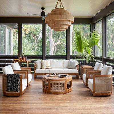 Helix Modern Acacia Wood Outdoor Conversation Set with Swivel Club Chairs, Curved Tub Seating and Woven Rope Accents