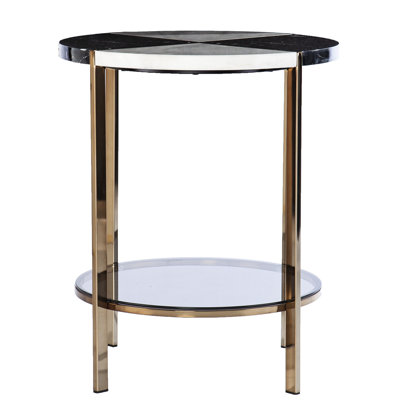 Round End Table With Faux Marble Top. Elevate Your Black And White Marble-Like Surface Champagne Metal. Smoke Glass Shelf Included. Contemporary Style. 20.08 In. Depth X Width 23.82 Height. Weighs