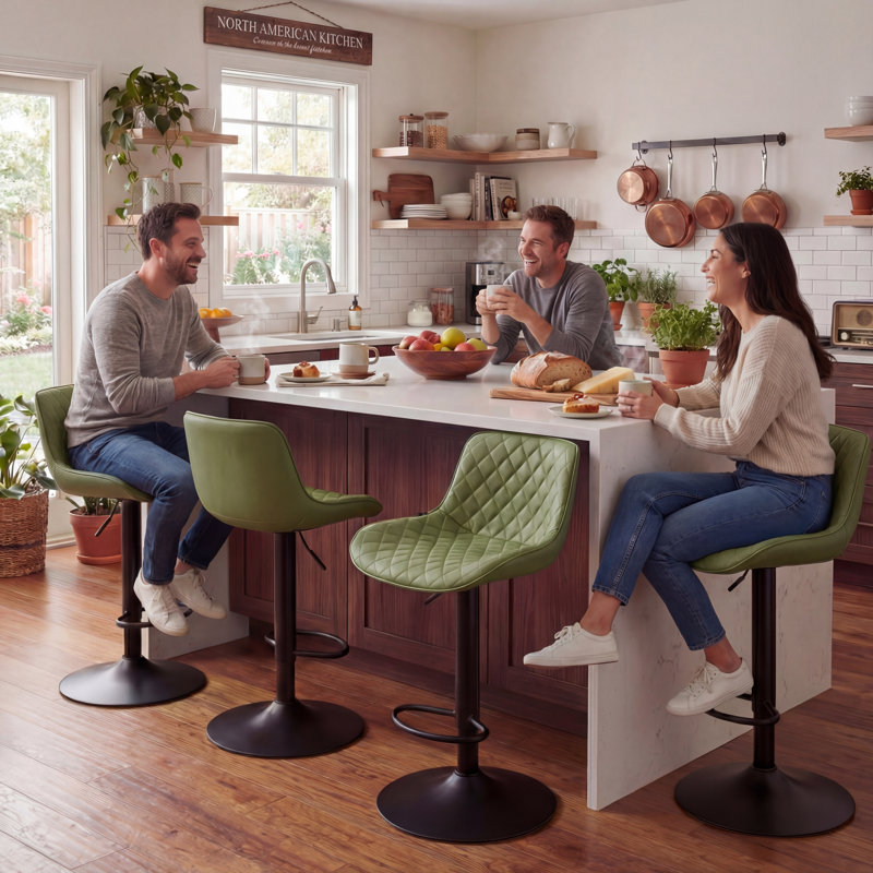 Swivel Upholstered Adjustable Height Counter Stool with Metal Frame, 2, Bean Green Faux Leather/Black Frame
