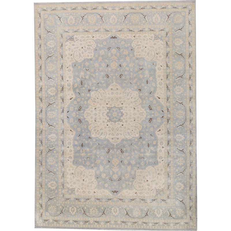 Tapis bleu clair et bleu clair noué à la main de haute qualité