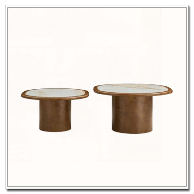 Irregular Coffee Table Set with Sintered Stone Top  Burl Wood Veneer