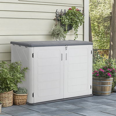 Horizontal Resin Tool Shed, Waterproof Outdoor Storage Cabinet with Metal Shelf and Floor
