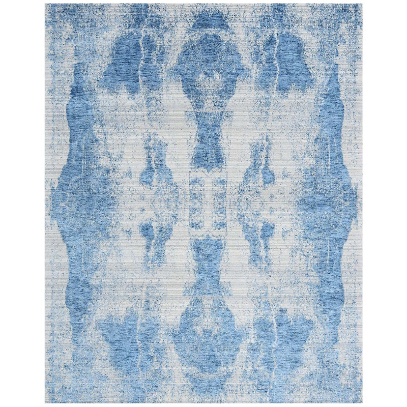Tapis argent / bleu noué à la main de haute qualité, Rectangle 8 pi x 10 pi