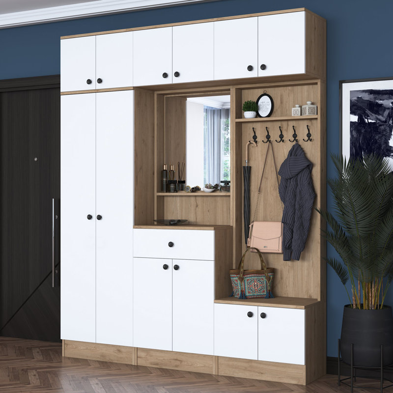 Modern Hall Stand with Mirror, Walnut & White Finish, 70.7 x 89.0 x 14.8 inches | 100% Melamine Coated Particle Board, Numerous Shelves, Wall-Mountable, Additional Storage | Stylish & Functional Entryway Solution