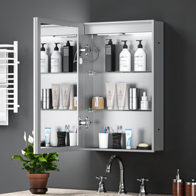 Armoire à pharmacie à DEL avec miroir lumineux, 20 * 30 pouces, 3 températures de couleur, - brouillard, installation murale ou encastrée, éclairage réglable, rangement spacieux, verre, métal, argent 30 pouces par 20 pouces de salle de bain