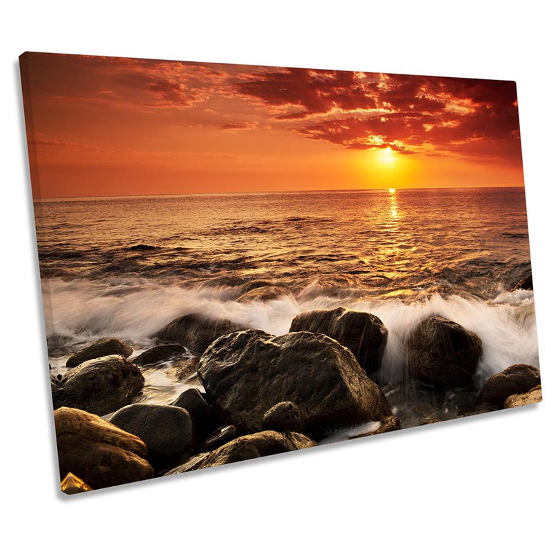 Orange Sunset Rocky Beach - Wrapped Canvas Print, 81.3cm H x 121.9cm W x 4cm D