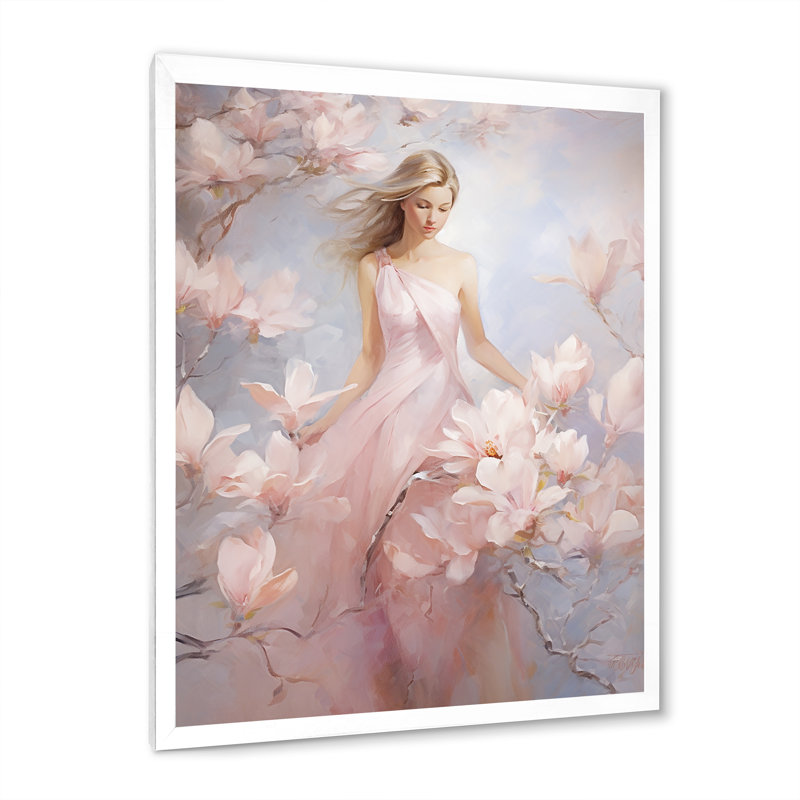 «White Pink Magnolias», impression romantique sur toile, H 32 po x l 16 po x P 1 po, Cadre photo blanc